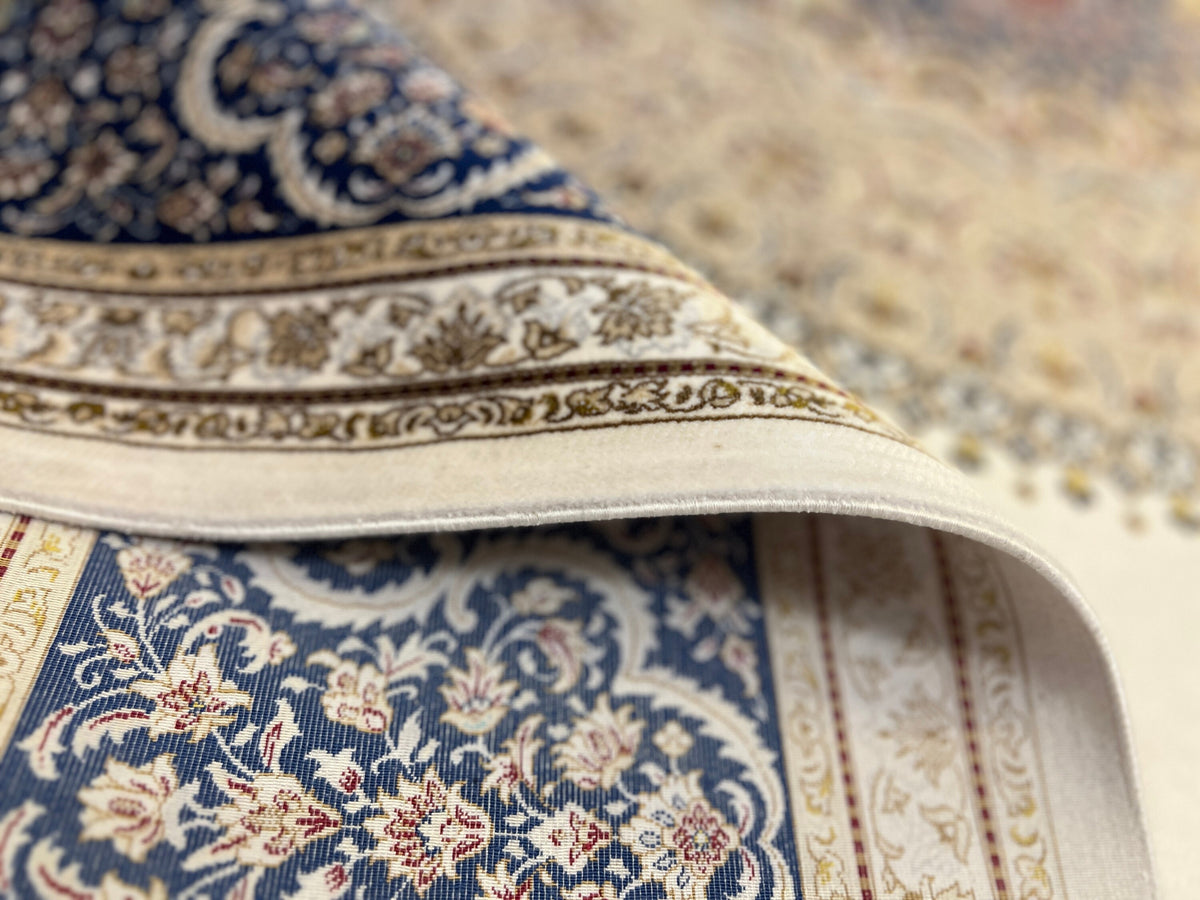 7x10 ft Ivory Silk Rug, Navy Border with Gold Medallion Design