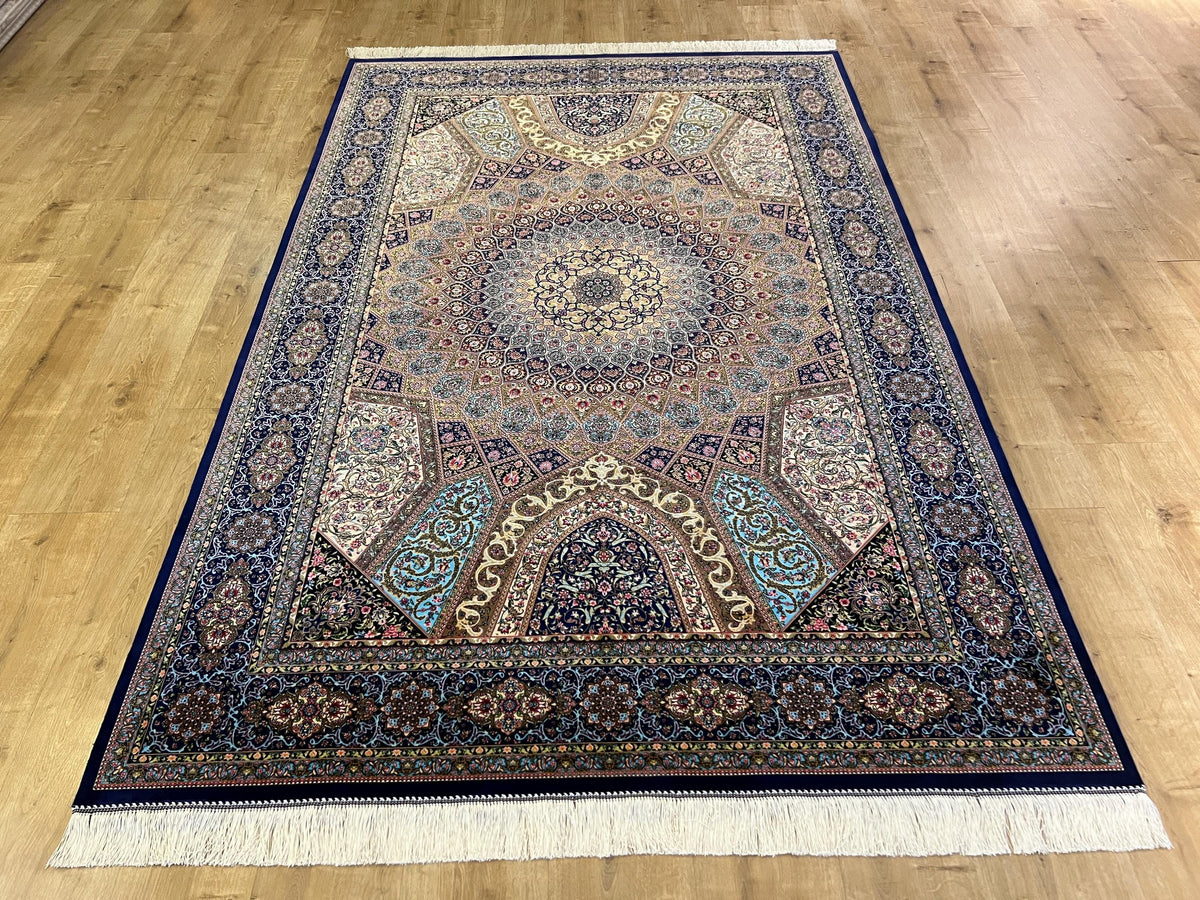 5x8 ft Silk Rug, Navy Blue Gold Medallion, Classic Turkish Style, Luxury Carpet