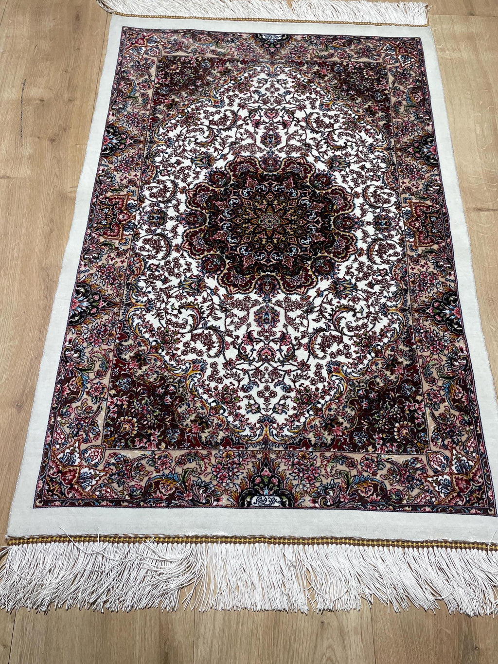Cream Small Silk Rug, Ornate Medallion Silk Carpet, Luxury Home Decor