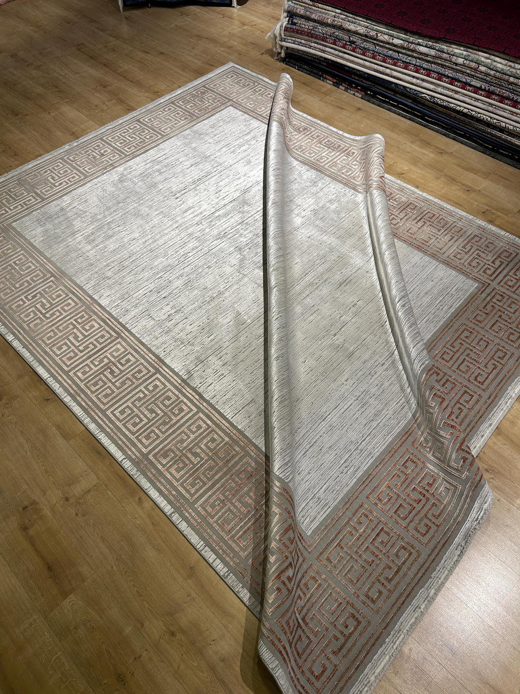 8x10 ft Brick Colour Gray Cream Bamboo Rug, Bordered Minimalist Modern Rug