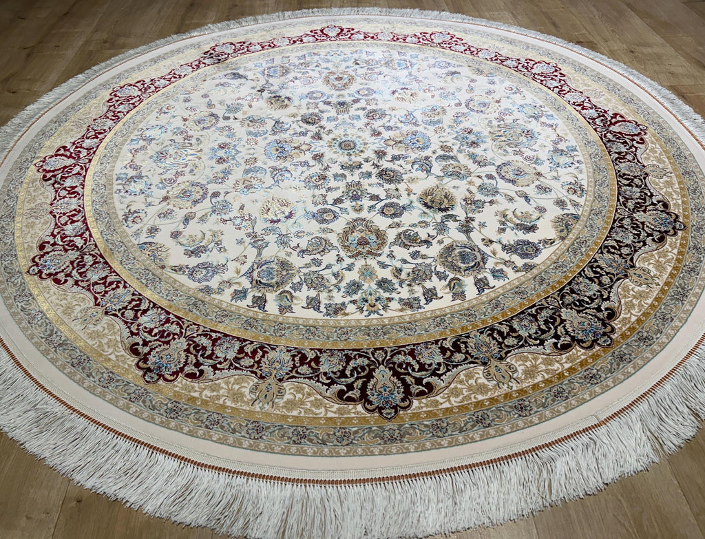 5x5 ft Ivory Round Silk Rug, Red Gold Border Design, Turkish Style Floral Pattern
