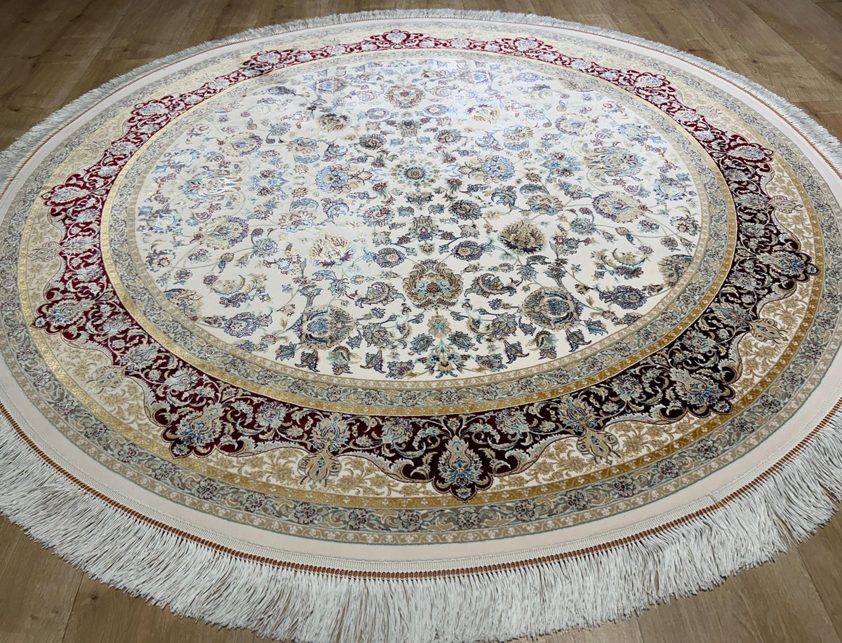5x5 ft Ivory Round Silk Rug, Red Gold Border Design, Turkish Style Floral Pattern