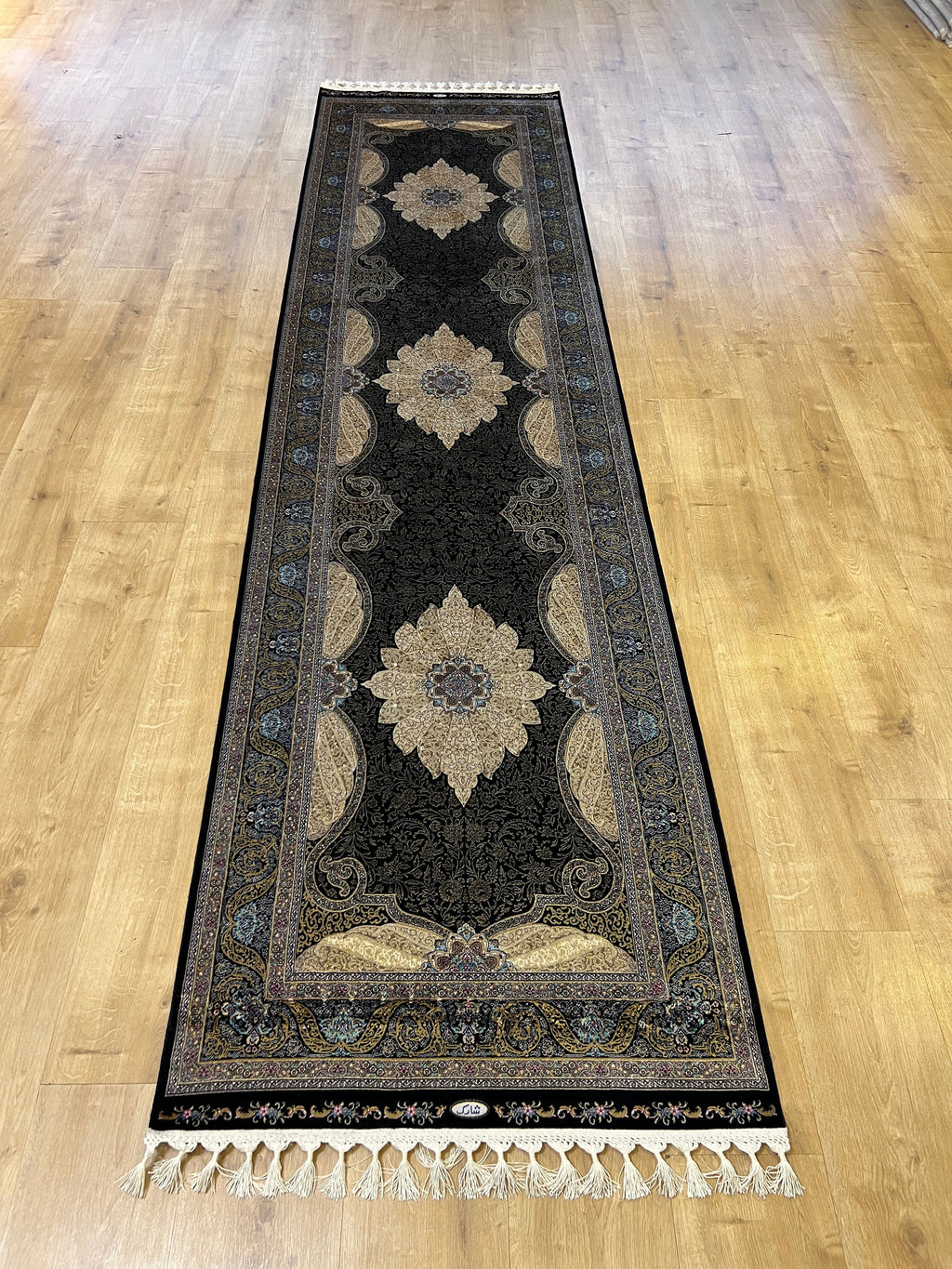 Black Gold Medallion Silk Runner Rug, 3x10 ft, Classic Luxury Hallway Rug