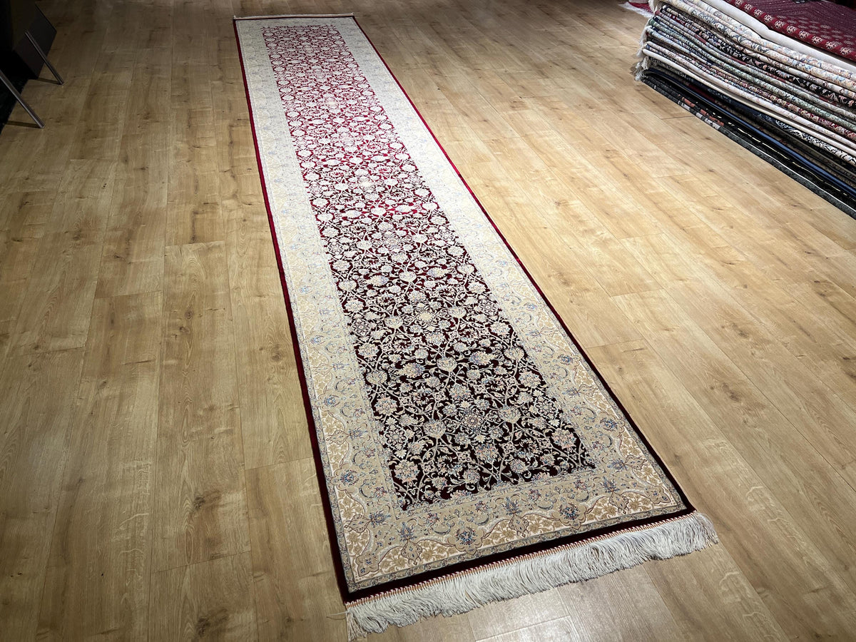 3x13 ft Red Silk Runner Rug, Blue Medallion, Classic Luxury Hallway Rug