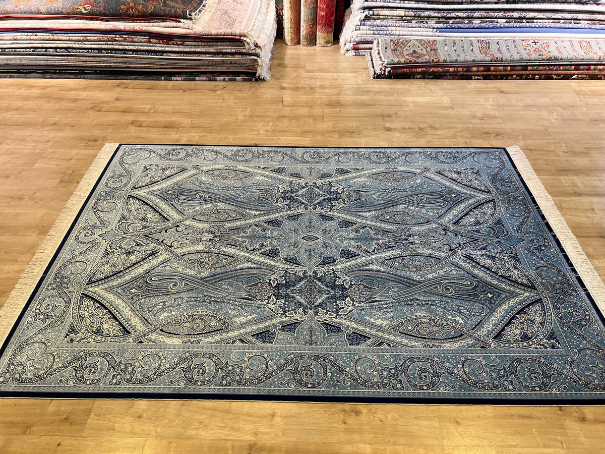 5x8 ft Silk Rug, Blue Tones with Timeless Motifs, Luxury Classic Silk Carpet