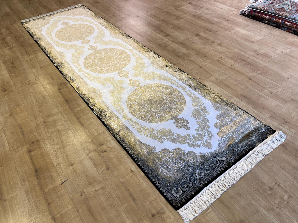 Black Gold Medallion Silk Runner Rug, 3x10 ft, Classic Luxury Turkish Rug