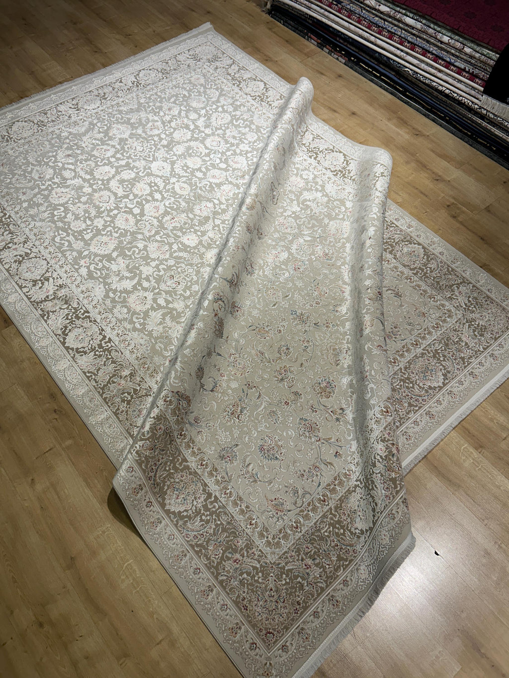 Beige Silk Rug, Classic Silk Carpet with Floral Pattern