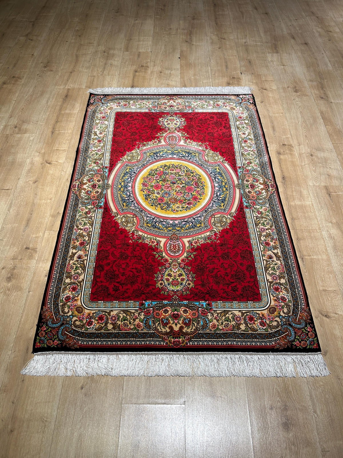 Red Silk Rug, Floral Medallion Design, Classic Silk Carpet