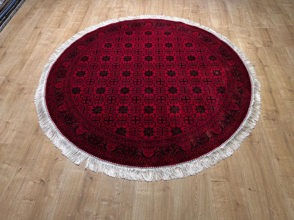 5x5 Ft Red Silk Round Rug, Ethnic Pattern Turkish Silk Carpet, Traditional Design