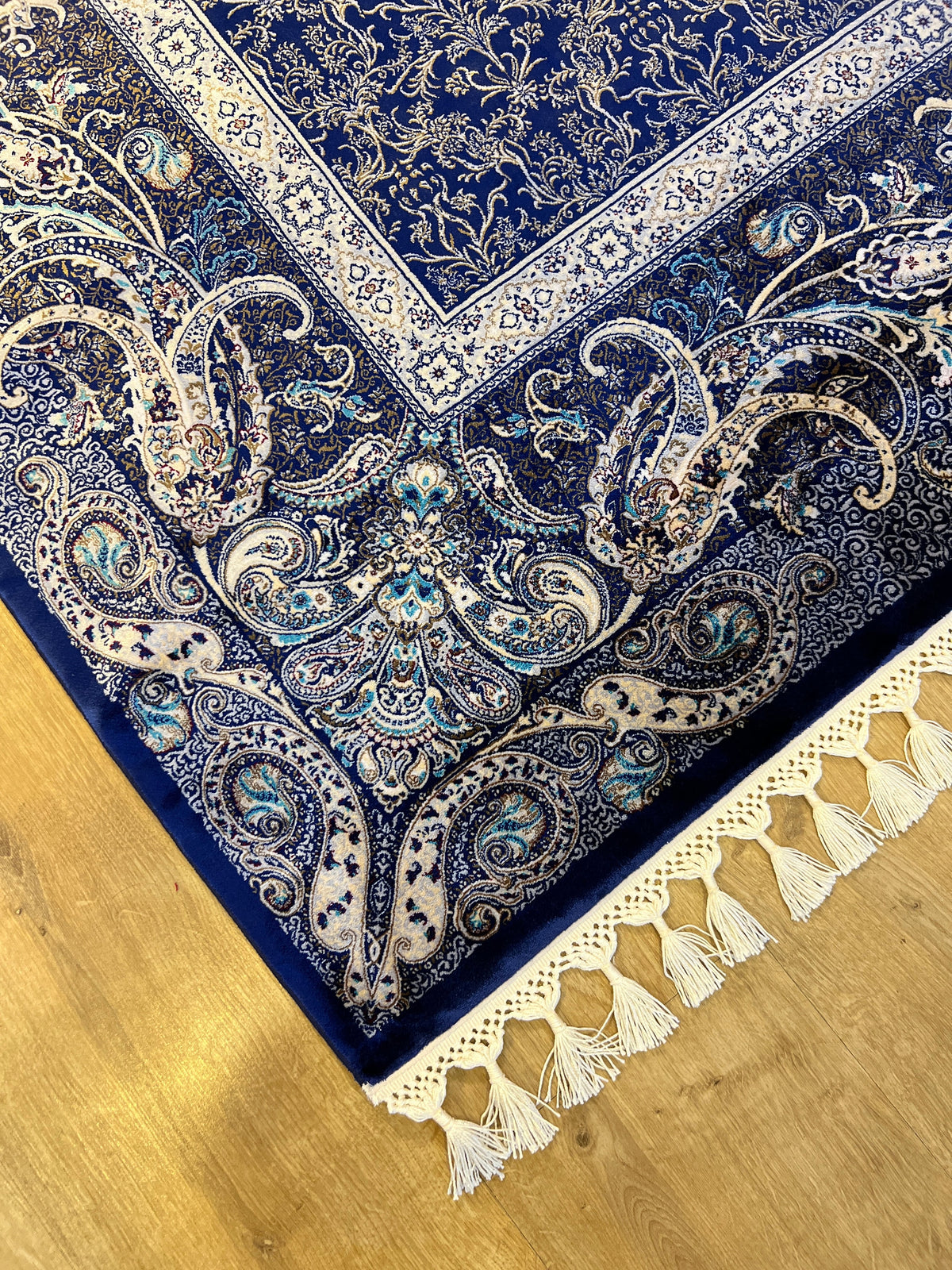 Dark Blue Silk Rug, Bordered Classic Turkish Carpet