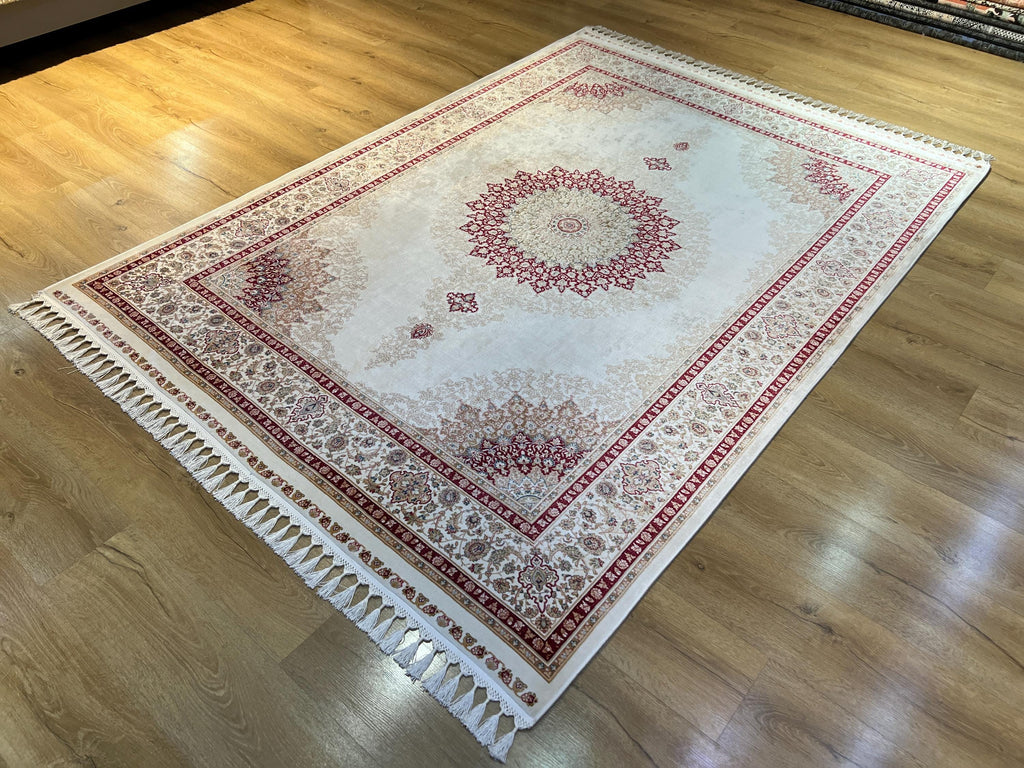 5x8 ft Ivory Bamboo Silk Rug, Red Medallion Classic Turkish Carpet