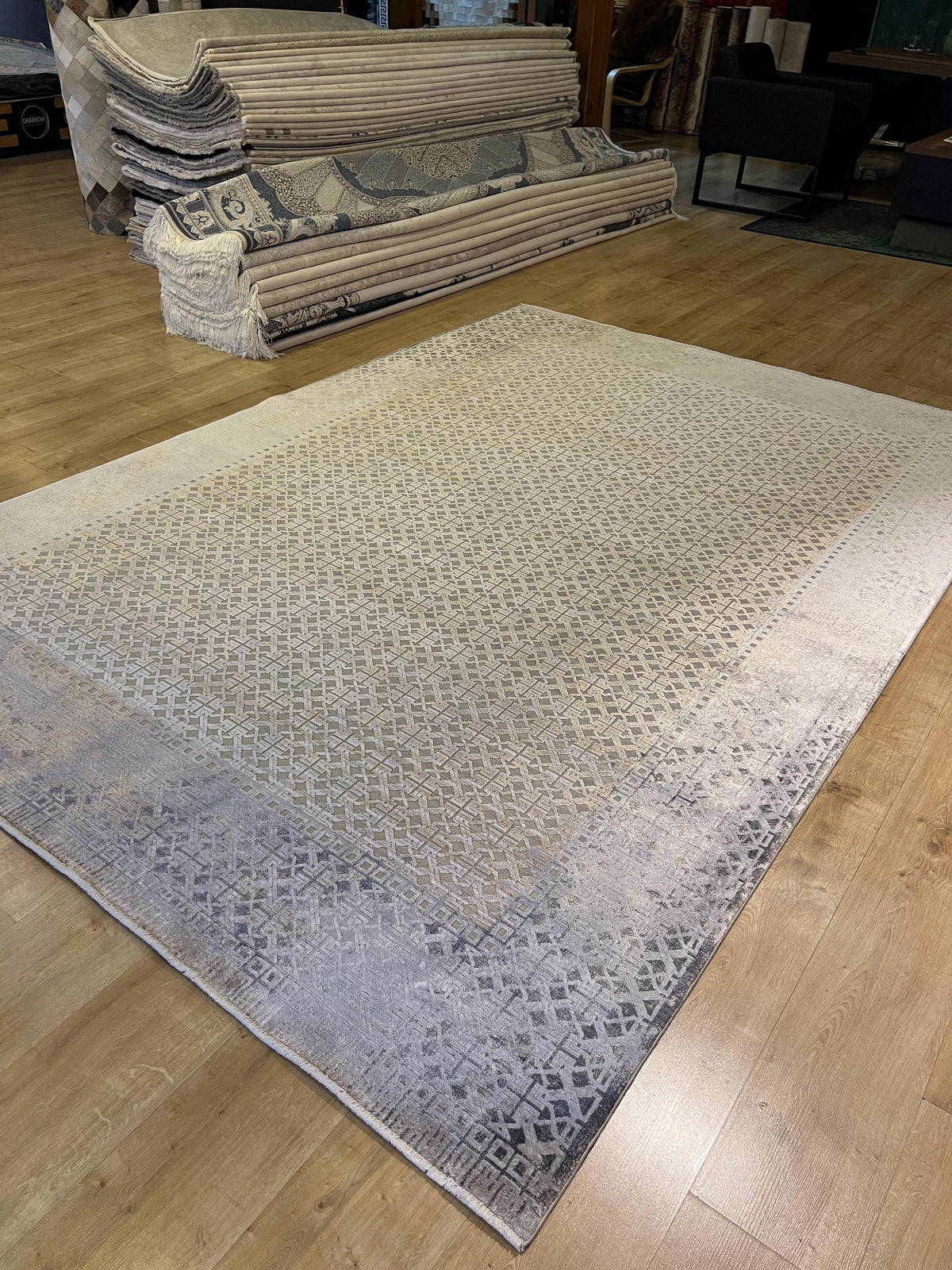 7x10 ft Gray Gold Geometric Bamboo Rug with Ethnic Modern Patterns