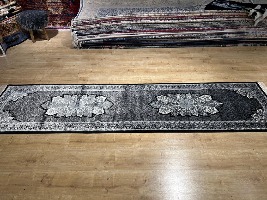 3x10 ft Black Gray Runner Silk Rug, Medallion Design, Classic Luxury Area Rug