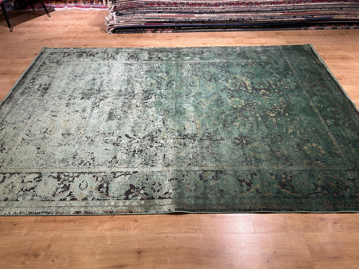7x10 ft Green Bamboo Rug, Distressed Pattern Vintage Area Rug, Luxury Home Decor