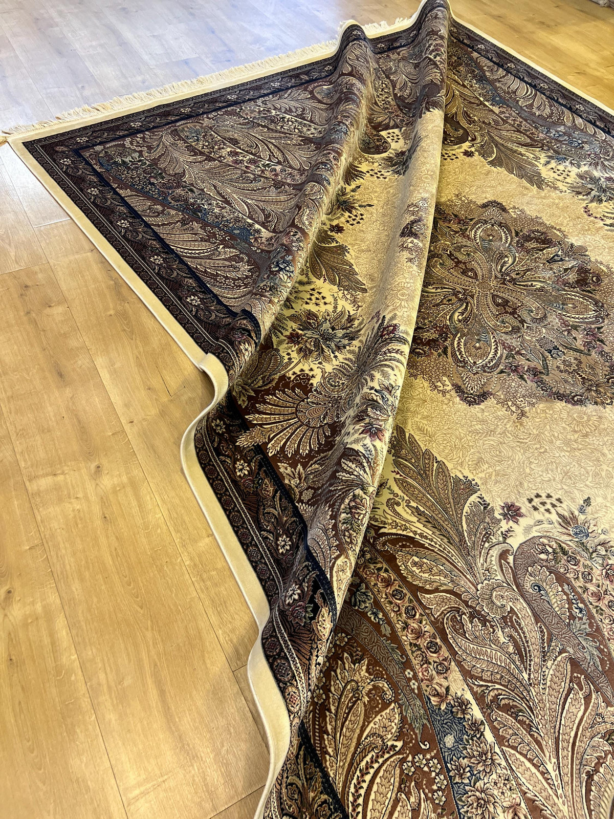 7x10 ft Luxury Cream Silk Rug, Brown Medallion Classic Design, Oversize Rug