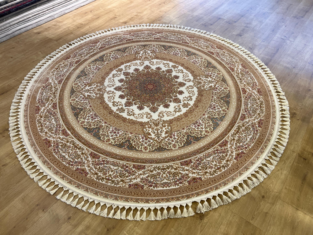 Round Cream Gold Silk Rug, Medallion Design, Classic Turkish Style