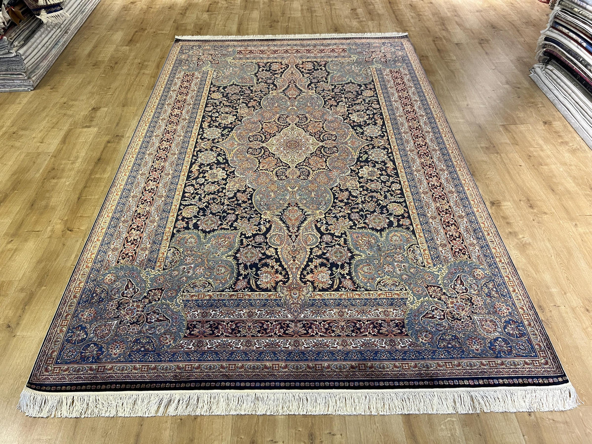 7x10 ft Dark Blue Silk Rug, Classic Medallion Design Silk Carpet, Luxury Home Decor