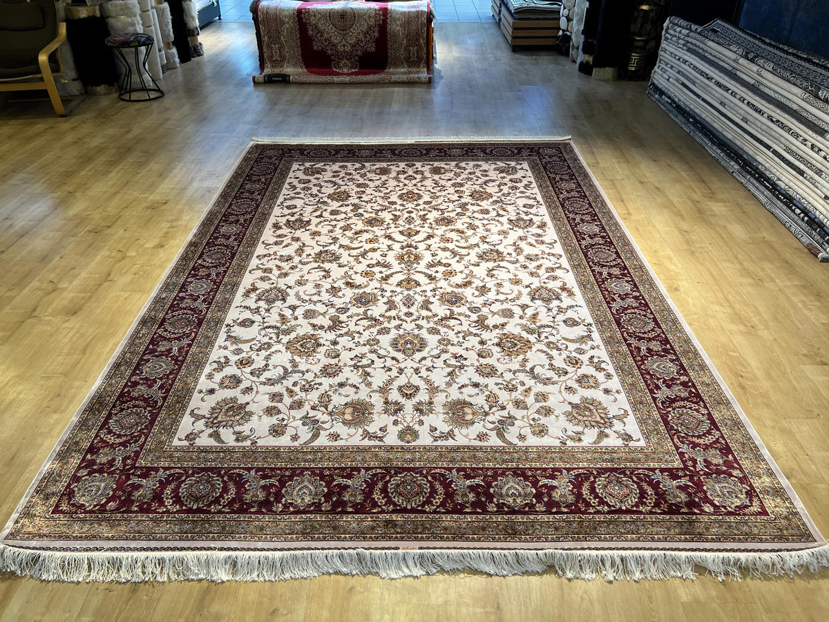 8x11 ft Ivory Silk Bamboo Rug with Red Border and Gold Pattern, Classic Design