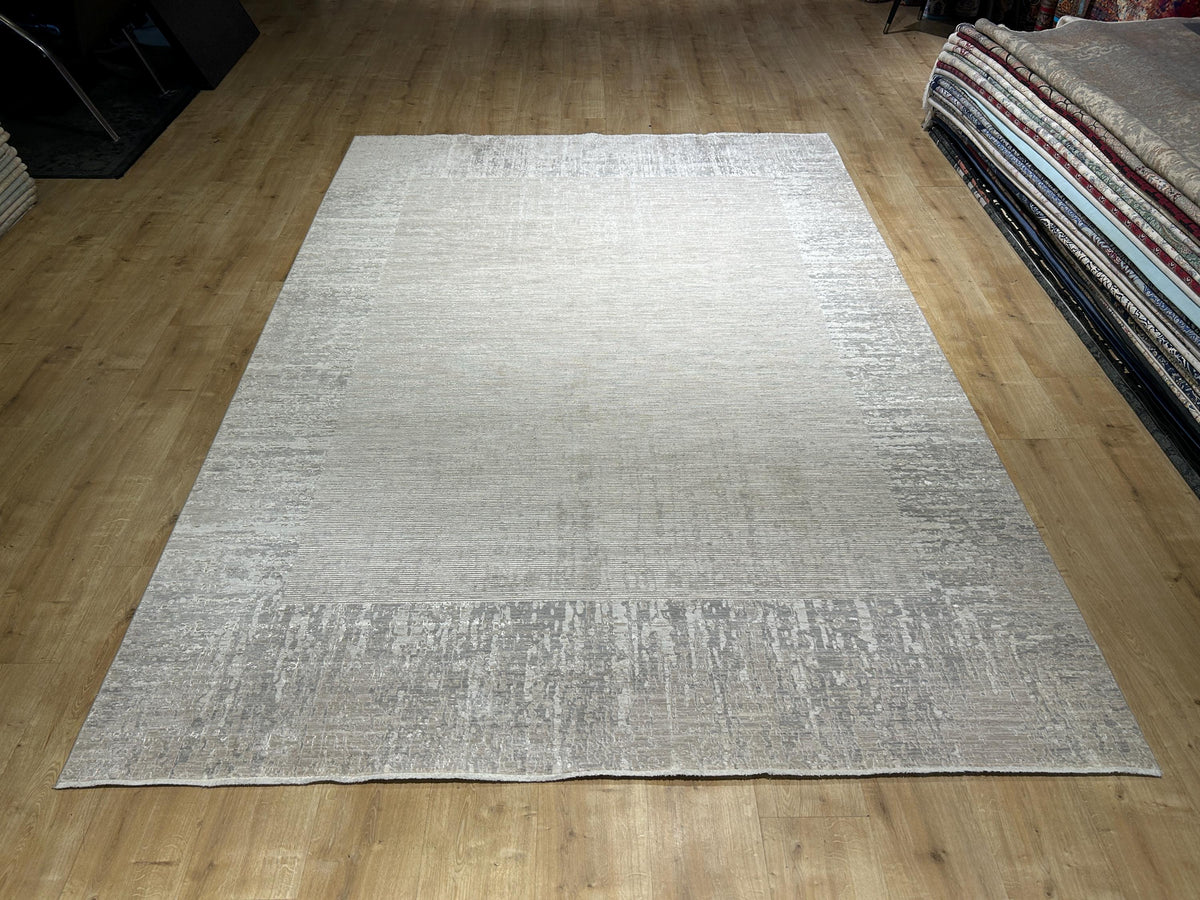 Beige Gray Bamboo Rug with Bordered Modern Patterns