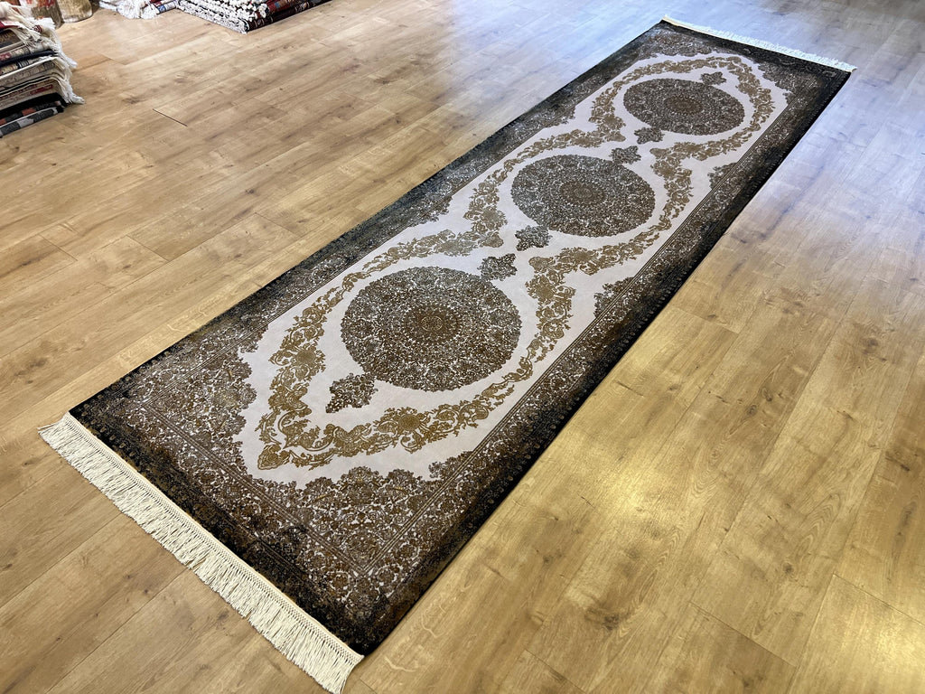 Black Gold Medallion Silk Runner Rug, 3x10 ft, Classic Luxury Turkish Rug