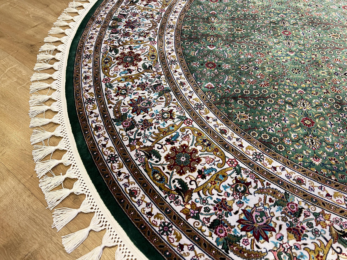 Green Beige Silk Circle Rug, Turkish Carpet, 5.24 ft