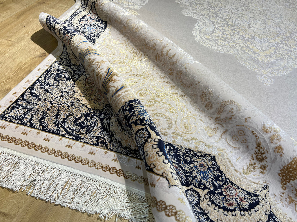 7x10 ft Modal Silk Turkish Rug, Gold & Blue Carpet