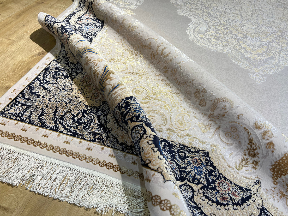7x10 ft Modal Silk Turkish Rug, Gold & Blue Carpet