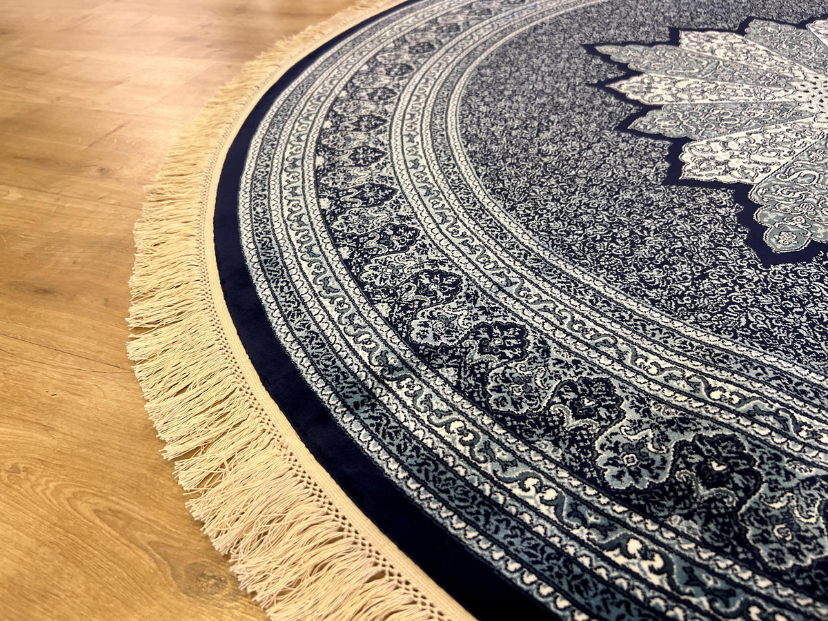 5x5 Ft Round Blue Silk Rug, Medallion Design, Classic Luxury Area Rug