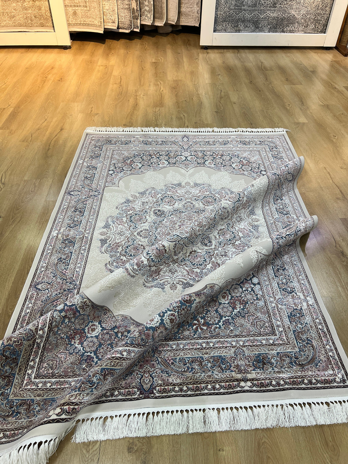 Ivory Blue Silk Rug, Medallion Design Luxury Carpet