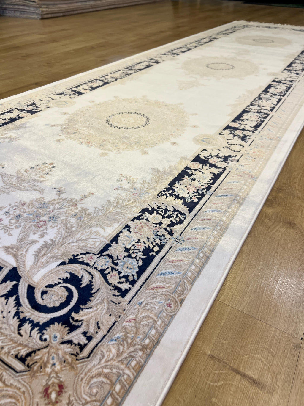 Ivory Silk Runner Rug with Navy Blue Border Gold Medallion, 3x10ft, Classic Turkish Rug