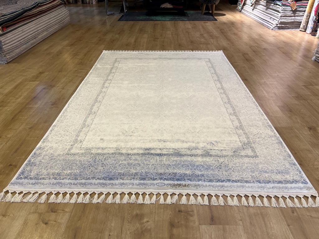 Gray Beige Silk Rug, Floral Design Bordered Silk Carpet, Turkish Home Decor
