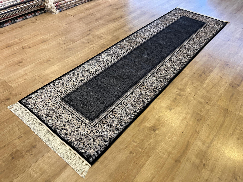Black Silk Runner Rug with Framed Border, 3x10 ft, Classic Luxury Hallway Rug