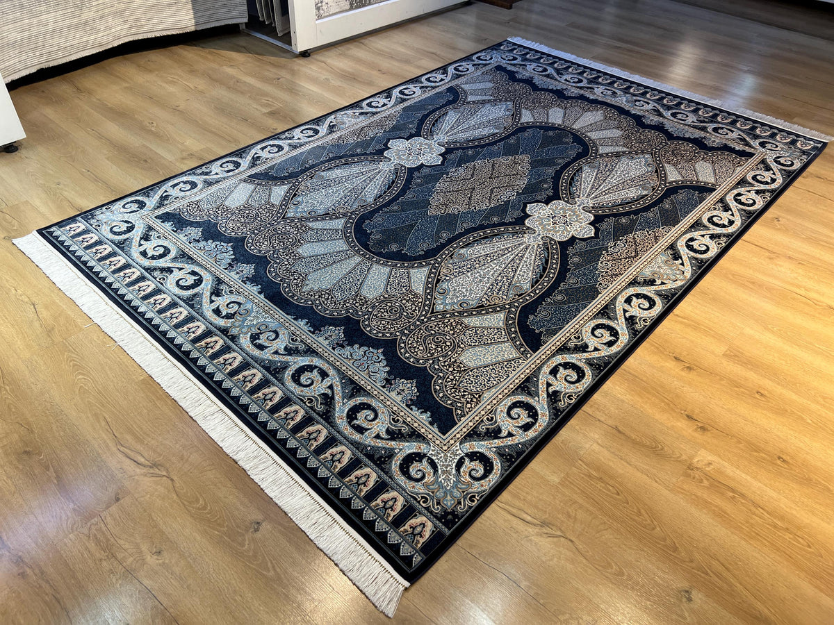 7x10 ft Navy Blue Silk Rug, Classic Ornamental Pattern, Turkish Silk Rug
