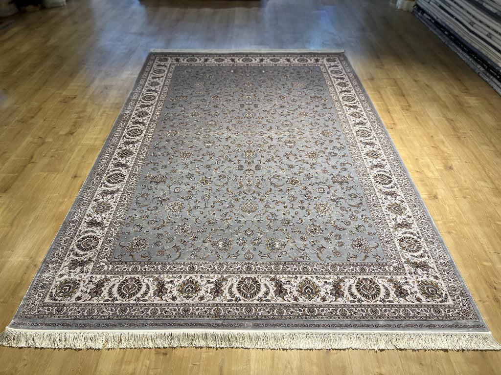 7x10 ft Gray Floral Silk Rug, Classic Turkish Silk Carpet, Luxury Home Decor