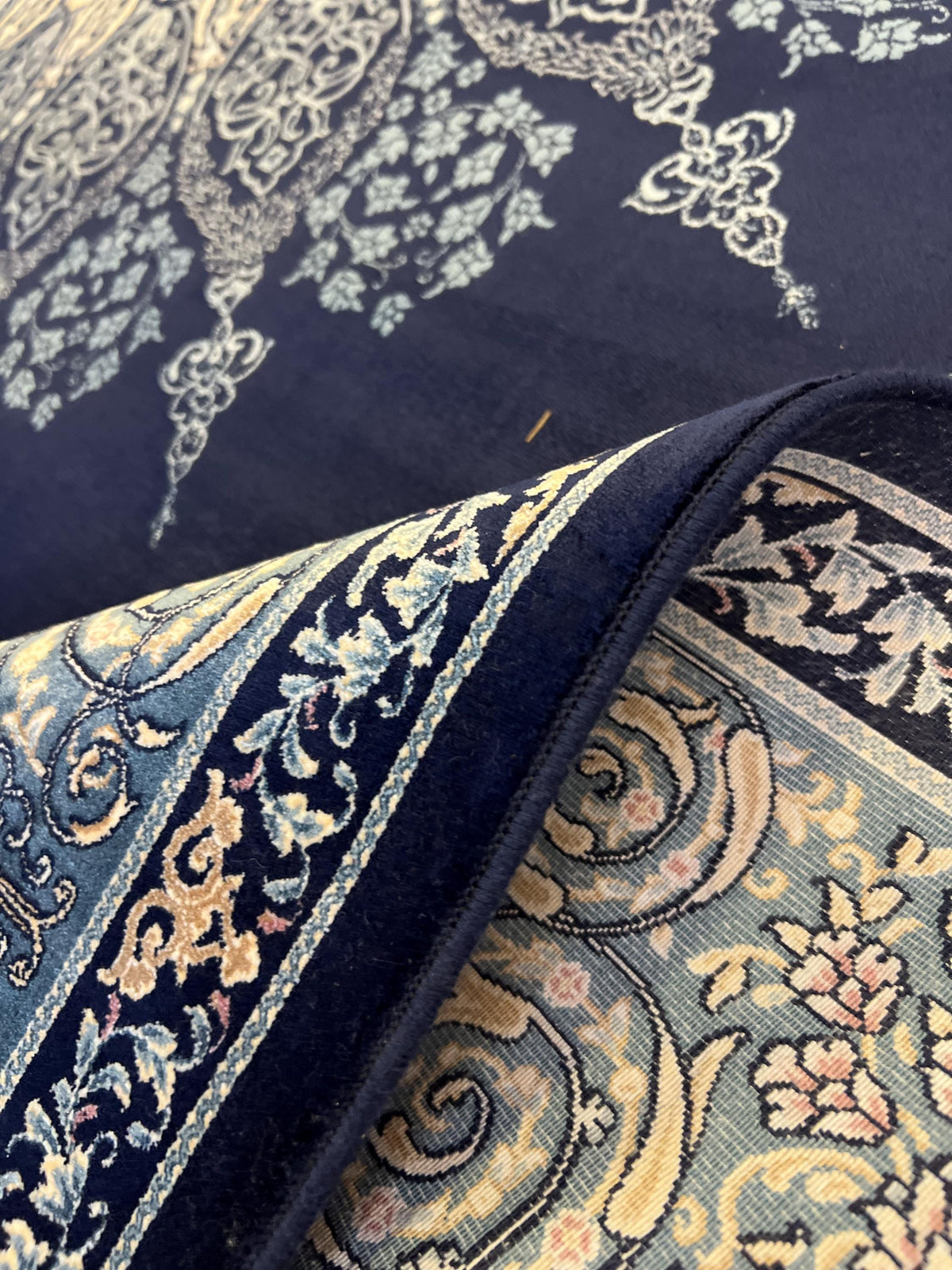 7x10 ft Elegant Navy Blue Silk Rug, Traditional Classic Medallion
