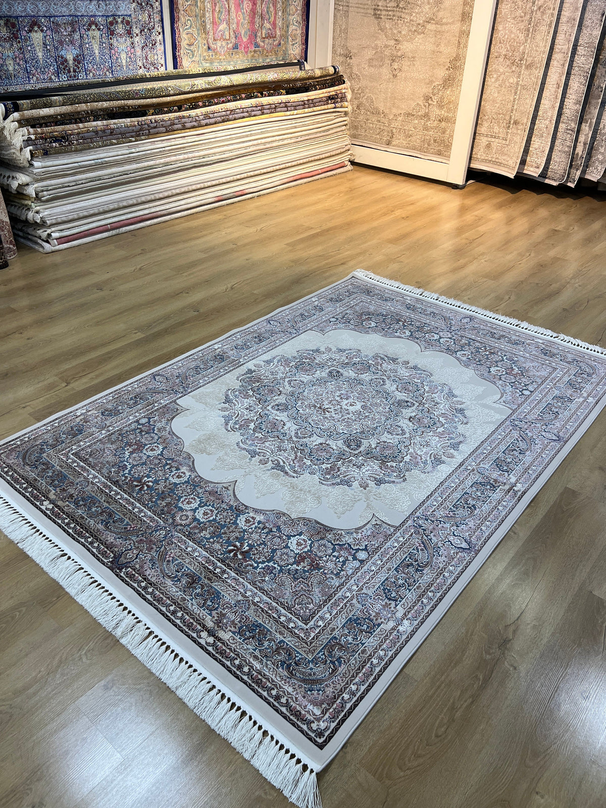Ivory Blue Silk Rug, Medallion Design Luxury Carpet