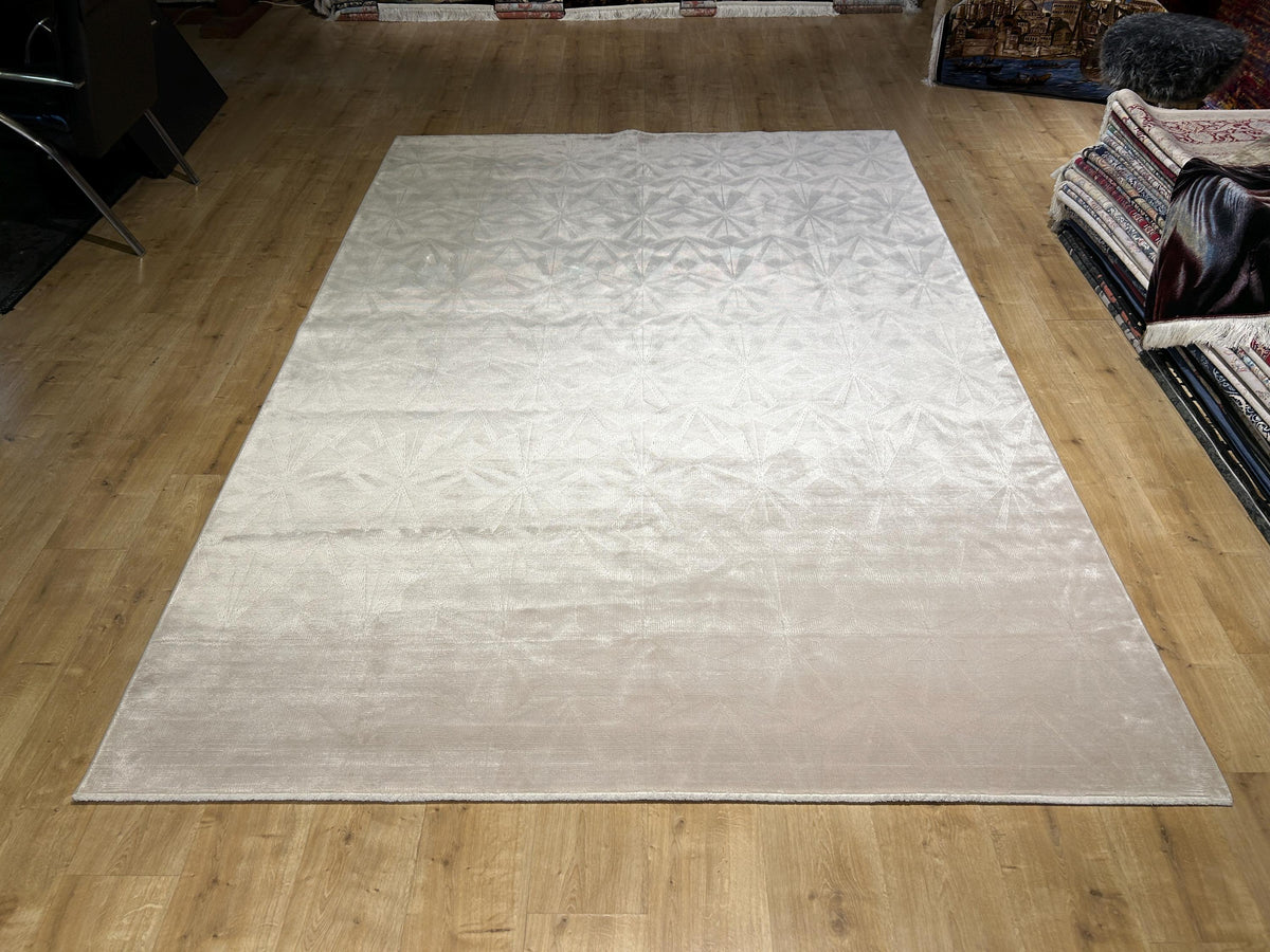 7x10 ft Ivory Cream Bamboo Rug, Geometric Striped Modern Area Rug