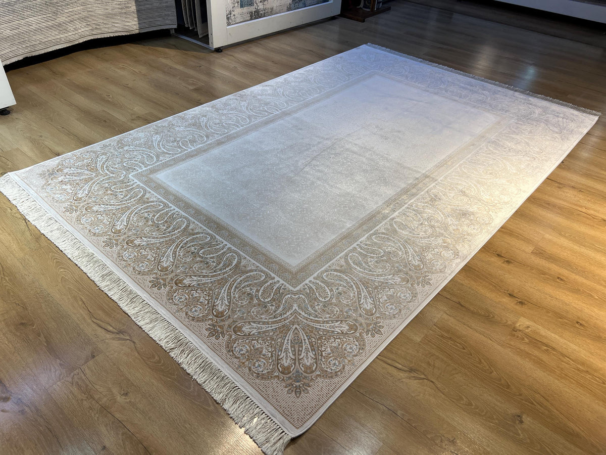 Cream Gold Silk Rug with Elegant Border, Classic Luxury Area Rug