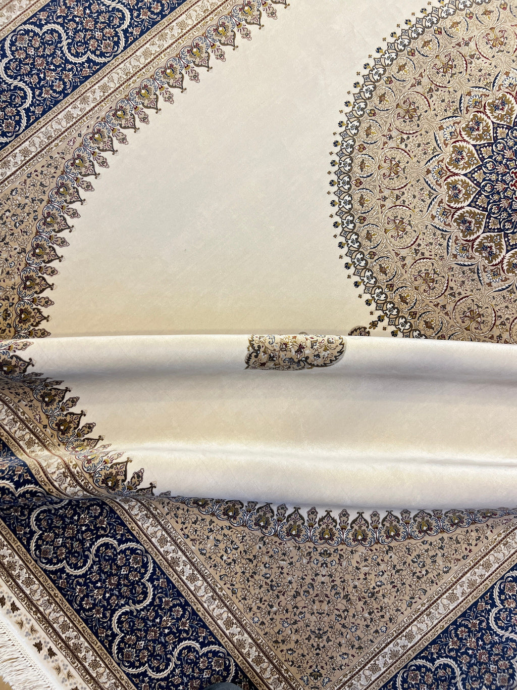 7x10 ft Ivory Silk Rug, Navy Border with Gold Medallion Design