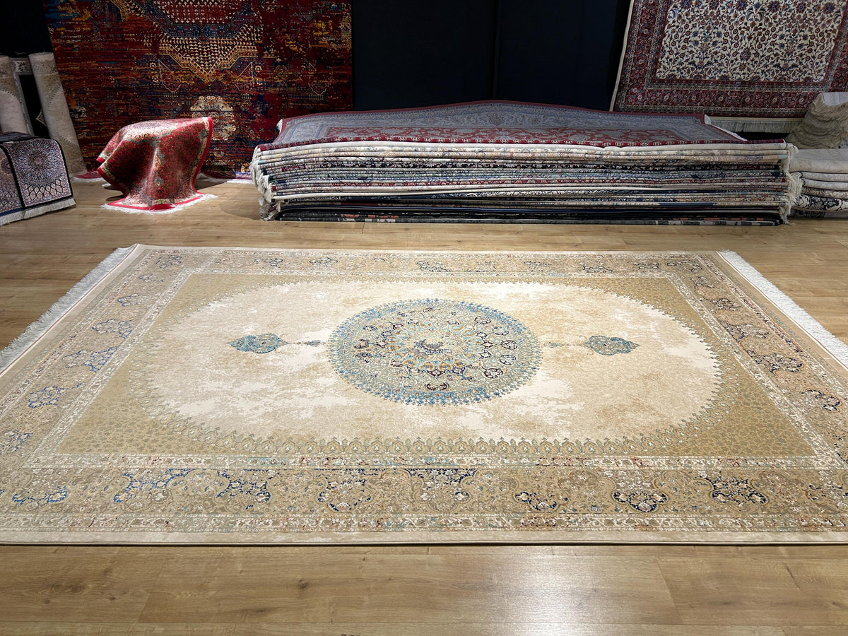 7x10 Beige Silk Rug, Blue Medallion Classic Luxury Turkish Carpet
