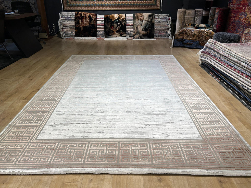 7x10 ft Brick Colour Gray Cream Bamboo Rug, Bordered Minimalist Modern Rug