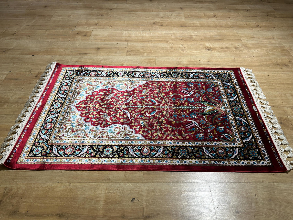 2.62x4.10 ft Red Silk Prayer Rug With Black Border, Floral and Bird Design Mat