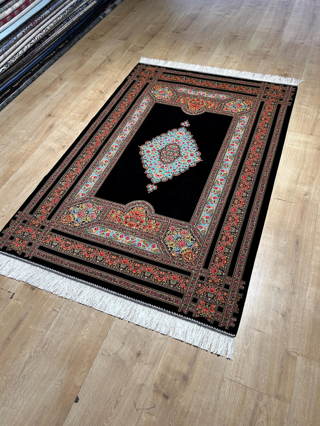 Black Silk Rug, Floral Medallion and Border Design Classic Luxury Silk Carpet