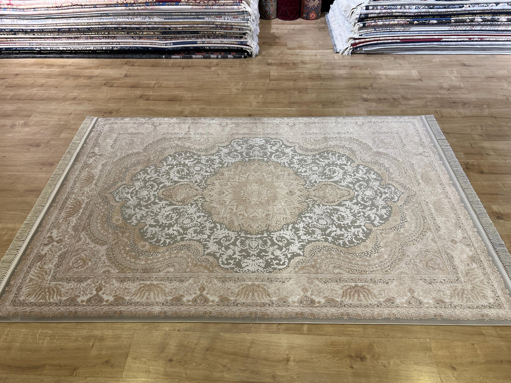 5x8 ft Gray Beige Bamboo Rug with Classic Medallion Design