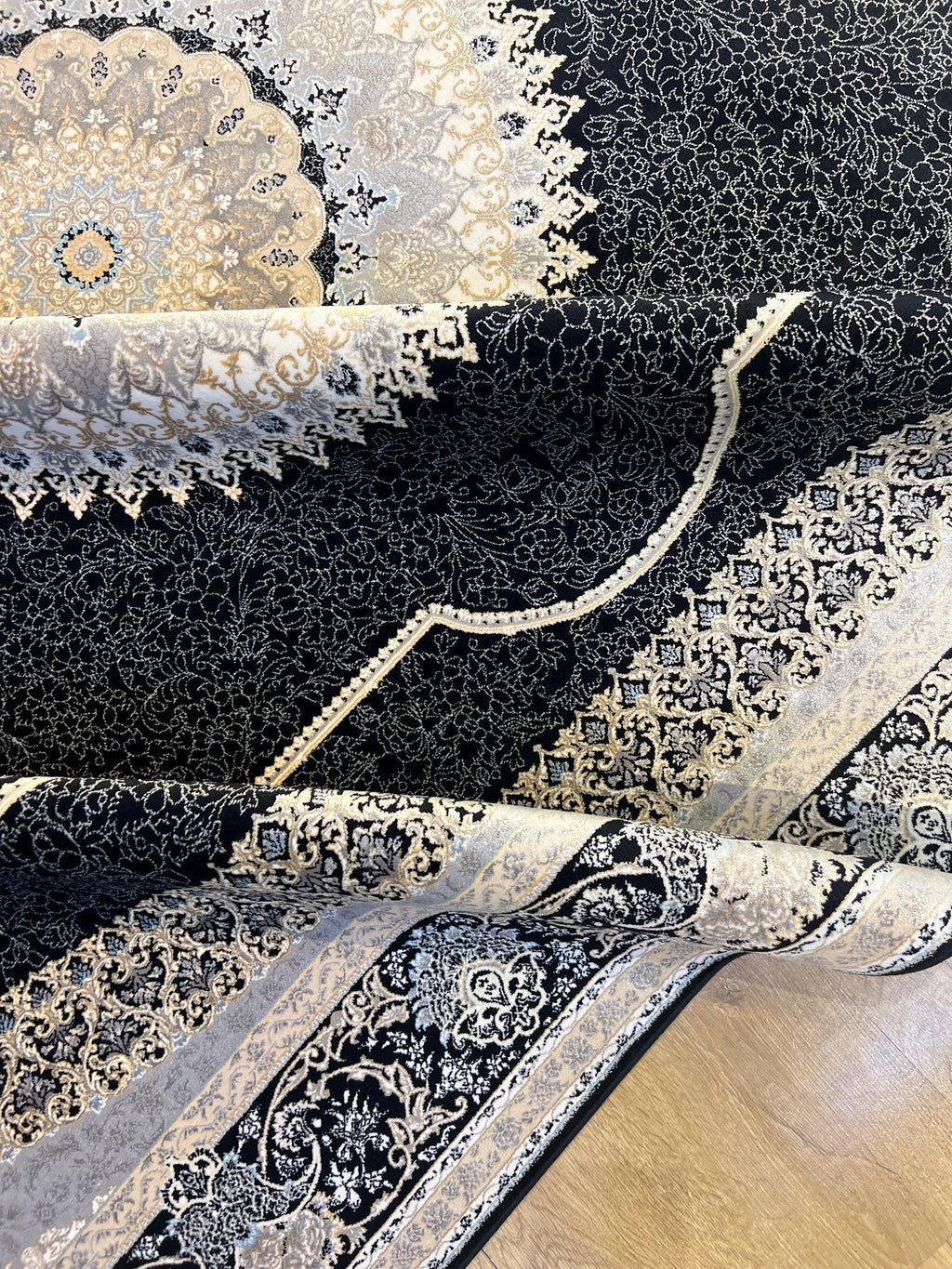 7x10 ft Black Silk Bamboo Rug with Medallion, Luxury Classic Design