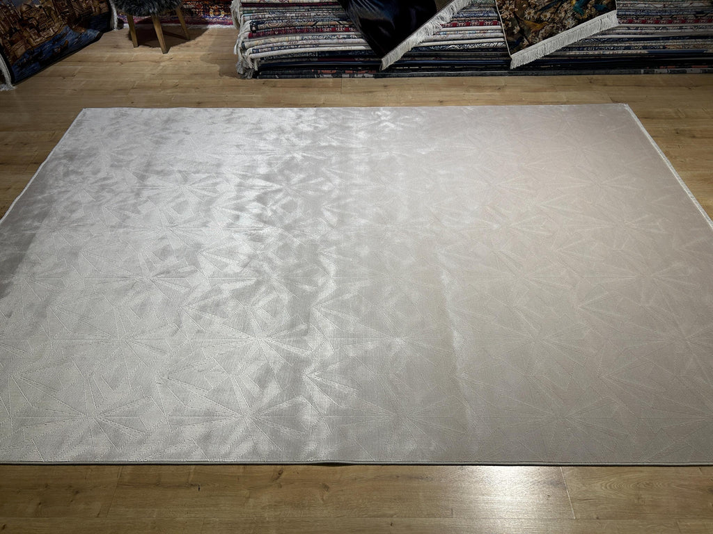7x10 ft Ivory Cream Bamboo Rug, Geometric Striped Modern Area Rug