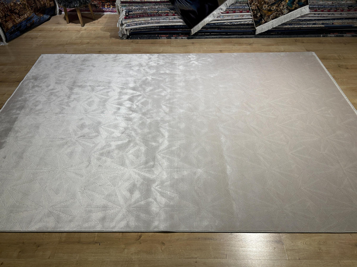 7x10 ft Ivory Cream Bamboo Rug, Geometric Striped Modern Area Rug