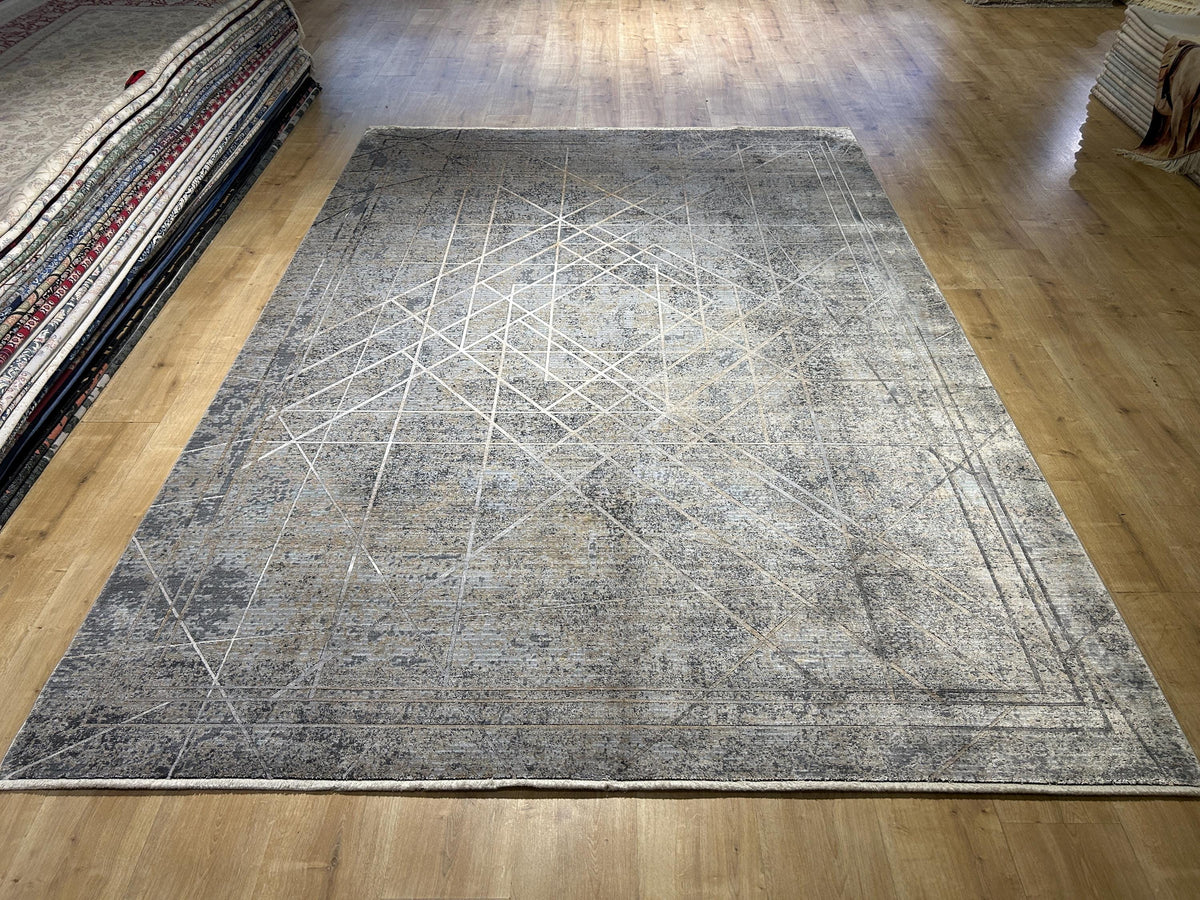 Gray Gold Bamboo Rug, Geometric Striped Pattern, Abstract Modern Area Rug