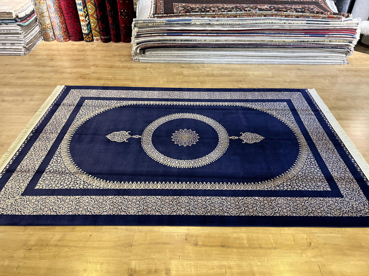 7x10 ft Navy Silk Rug with Grey Medallion and Border, Classic Luxury Home Decor
