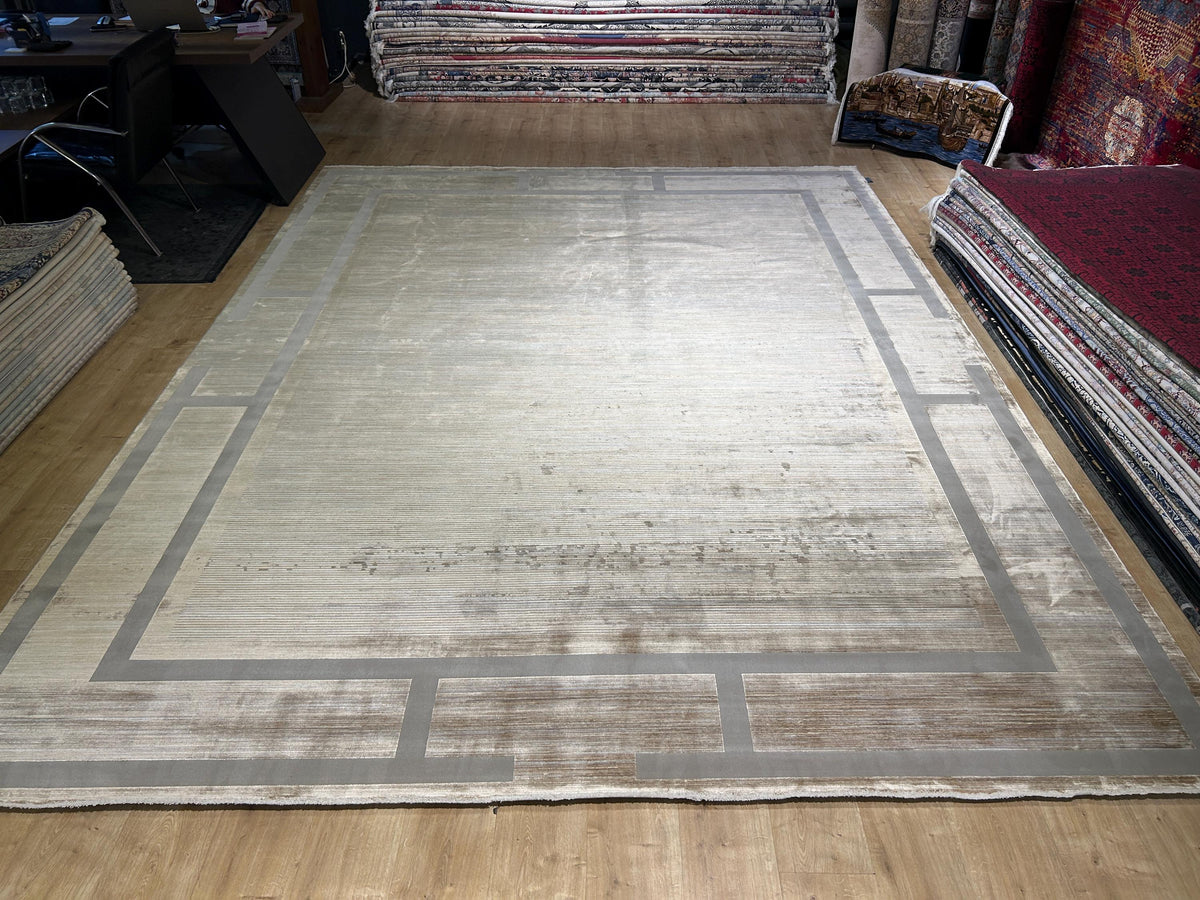 10x13 ft Beige Gray Bamboo Rug, Bordered Modern Rug